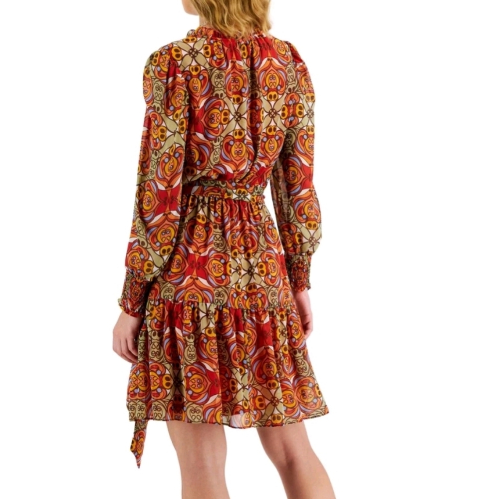 International Concepts Printed Blouson-Sleeve Dress Arabesque Combo Orange 12 - Picture 2 of 10